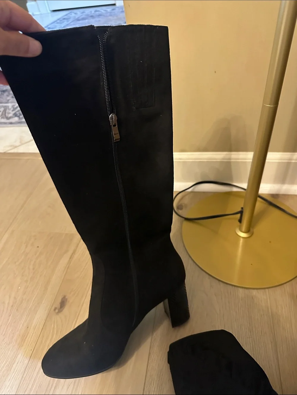 Black Over-the-Knee Suede Boots with Ruffle Detail